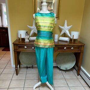 Dressbarn Aquamarine Women’s Sz 10 Two Piece Striped Tank Top and Teal Pants Set